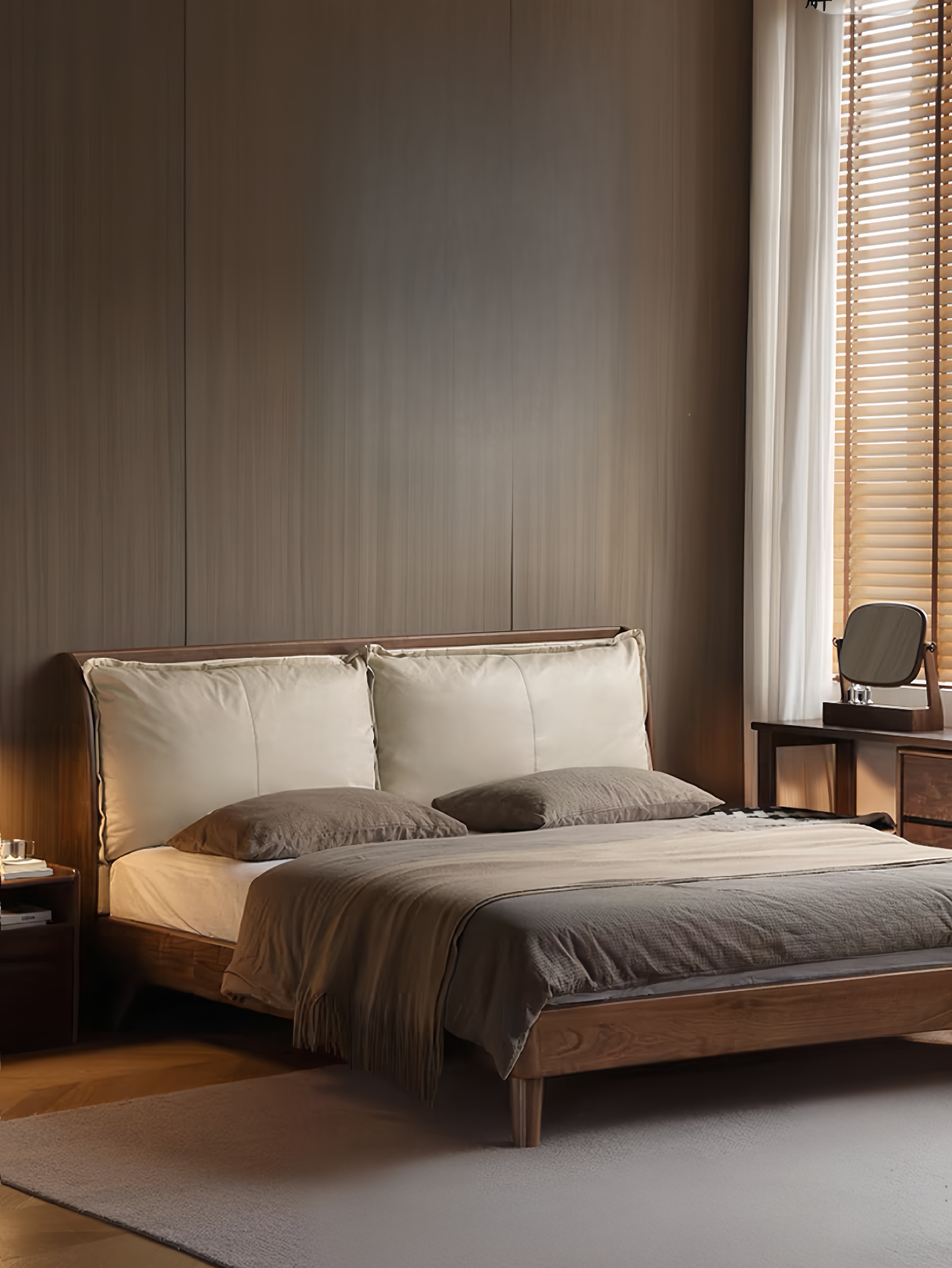Solid wood bed with black walnut and genuine leather upholstery YS-033107