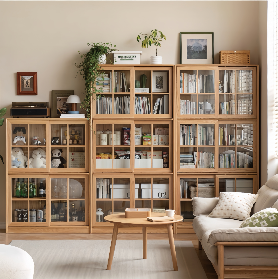 solid wood floor-standing freely combinable sliding door bookcase FS-YS070103/070104