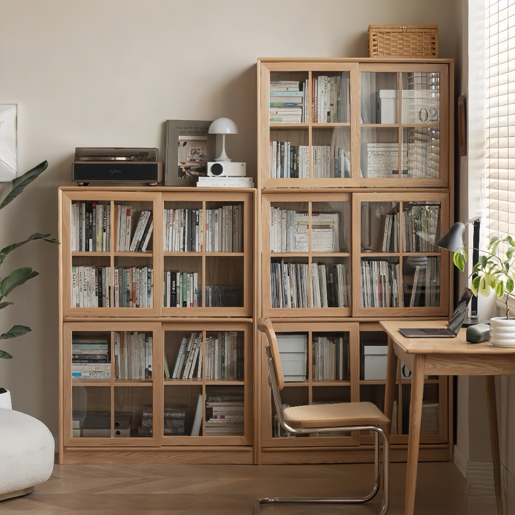 solid wood floor-standing freely combinable sliding door bookcase FS-YS070103/070104