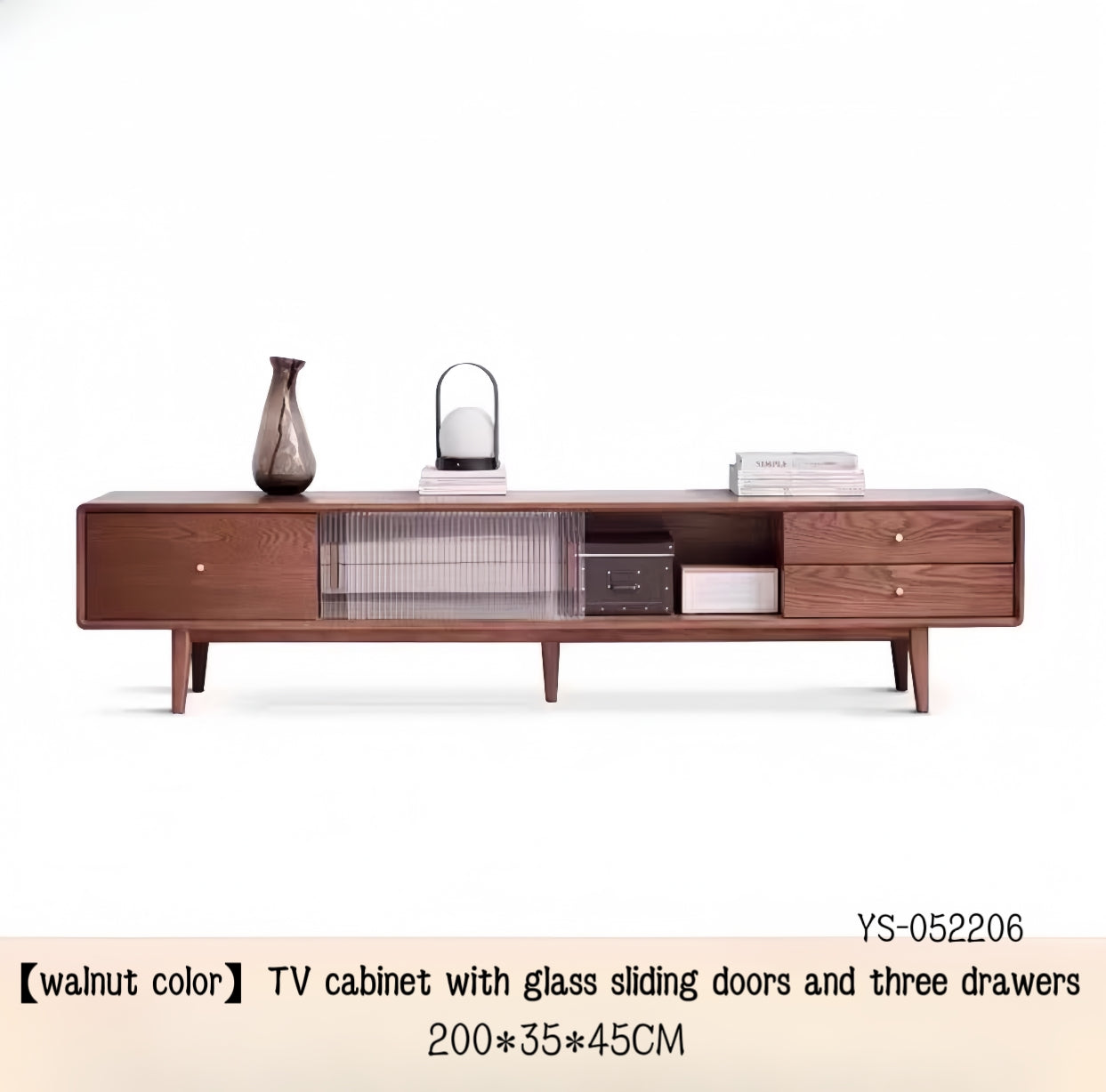 Solid wood TV cabinet with glass sliding doors and three drawers YS-052206
