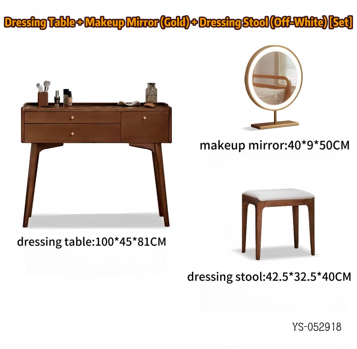 Solid Wood Dressing Table, Makeup Mirror and Dressing Stool Set YS-052918