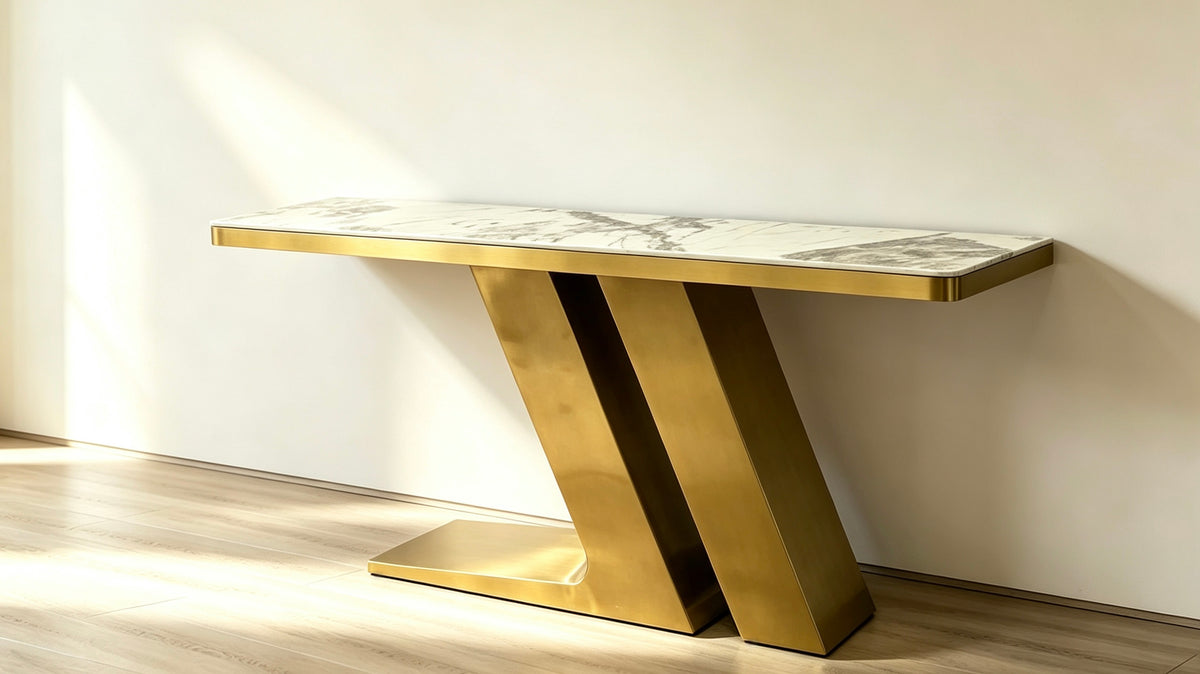 CS1201  Z-Shape Gold Frame Sintered Stone Console Table