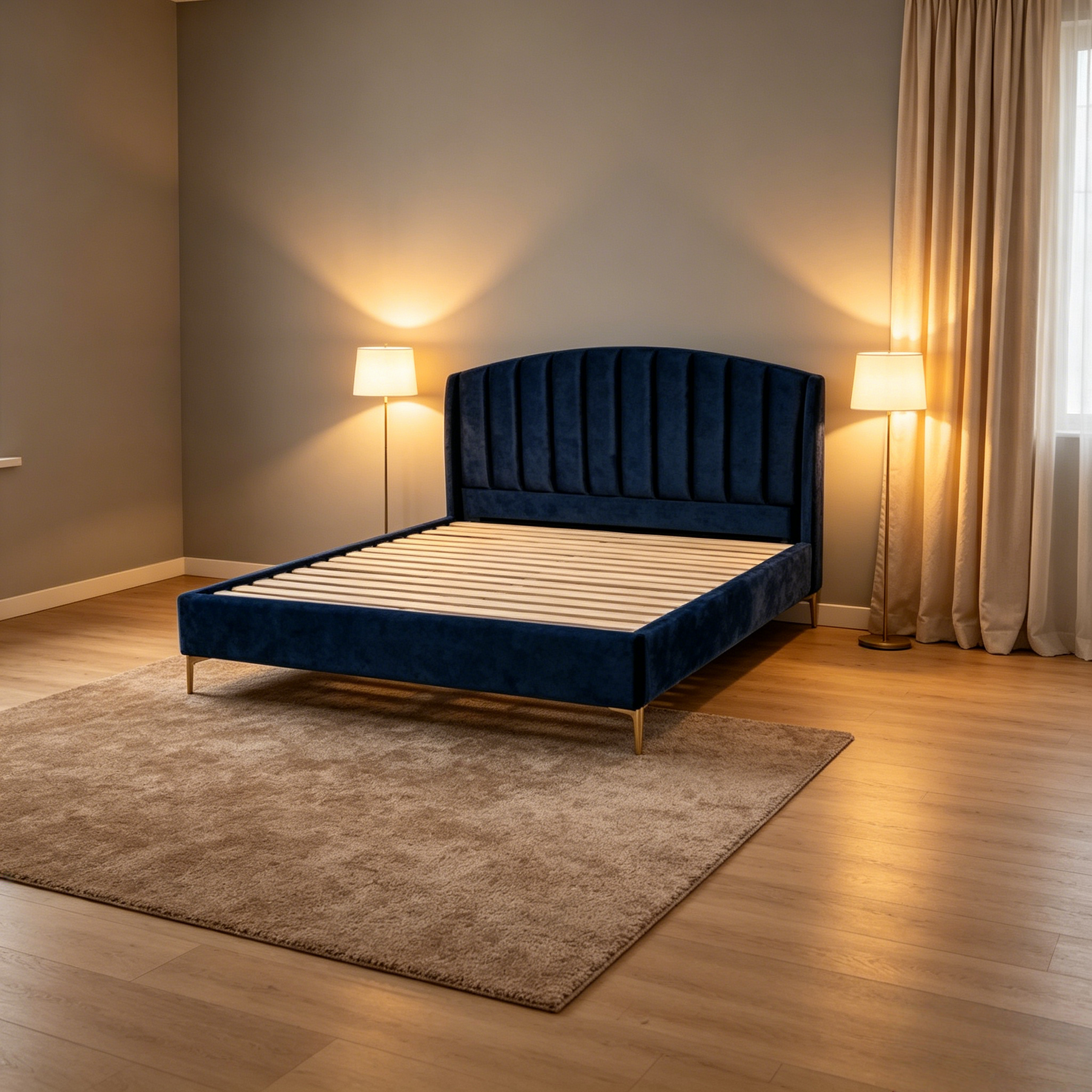 Bed Frame FD2208: Exudes a luxurious deep-sea blue velvet feel.