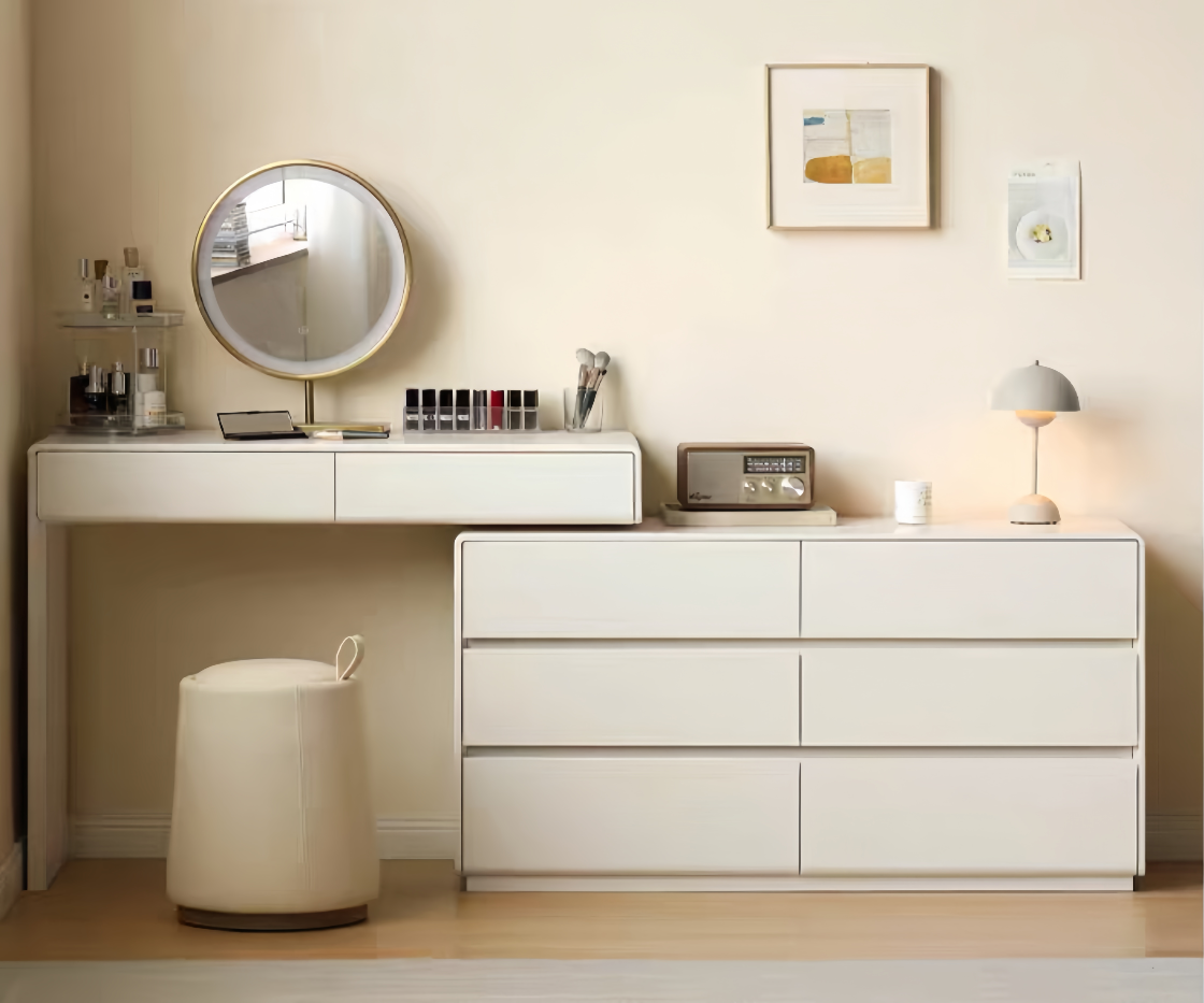 Minimalist Retractable Dressing Table with Cream-style Drawer Chest | White Dressing Desk  YS-0611820