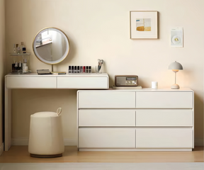 Minimalist Retractable Dressing Table with Cream-style Drawer Chest | White Dressing Desk  YS-0611820