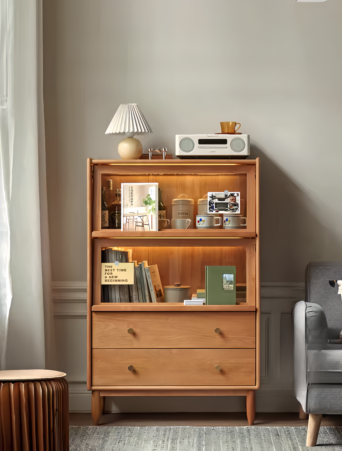 Cherry wood glass flip-door wide side cabinet  YS-051207