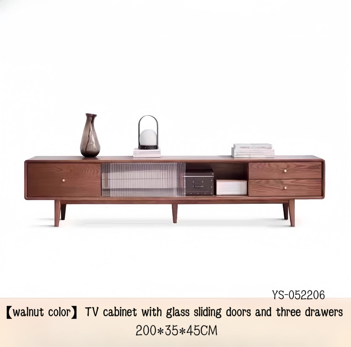 Solid wood TV cabinet with glass sliding doors and three drawers YS-052206